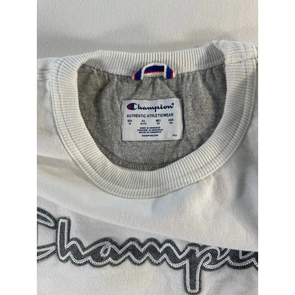 Champion Men’s XL White Crewneck Sweatshirt Script Logo Cotton Blend Pullover